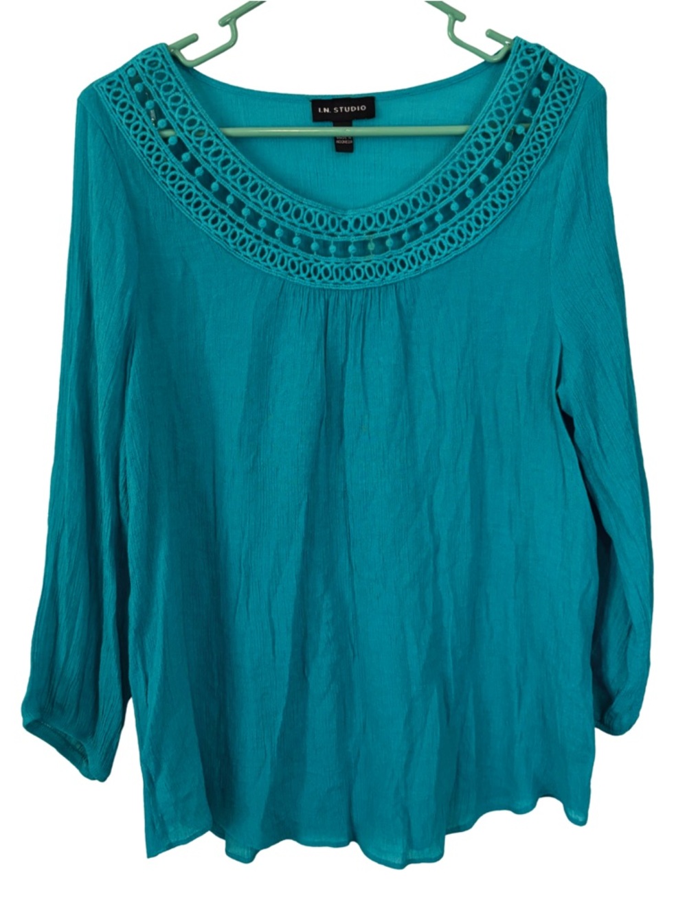 3/$20 I.N. Studio Women's Teal Crochet-Neck 3/4 Sleeve Blouse